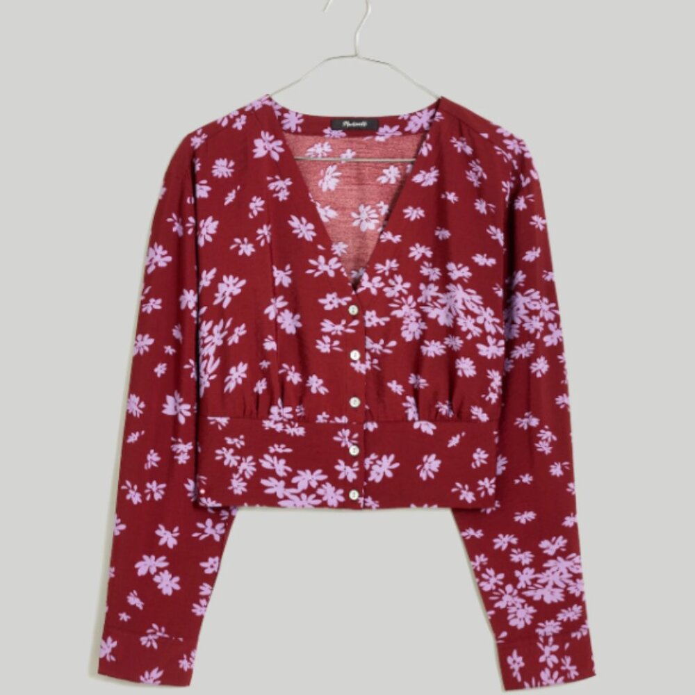 Madewell floral v-neck button-front long-sleeved cropped shirt